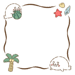 背景透過のもっちり手描きイラスト　夏のフレーム　あざらしと海辺　太い波枠正方形 © hiyokomame