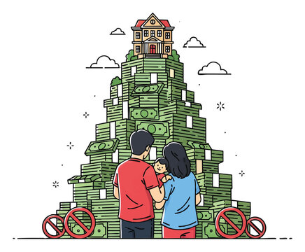 Colorful cartoon couple embracing on stacked green recycling bins with urban eco-friendly skyscraper background, concept for sustainability awareness, environmental campaigns, educational materials,