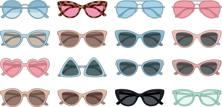 Fashion women sunglasses colorful vector icon set featuring flat cartoon retro cat eye aviator round heart eyewear illustrations