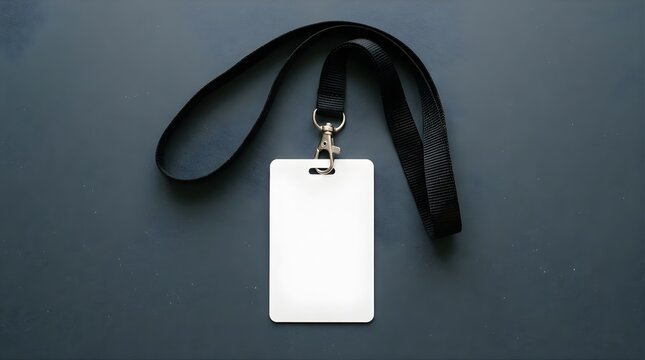 Blank white plastic ID badge with black lanyard on a dark surface