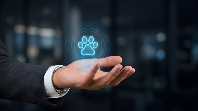 Glowing paw print hologram hovering above a businessman's open palm