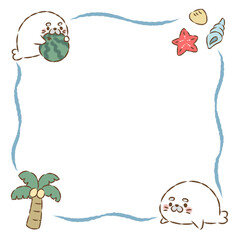 背景透過のもっちり手描きイラスト　夏のフレーム　あざらしと海辺　波枠正方形 © hiyokomame