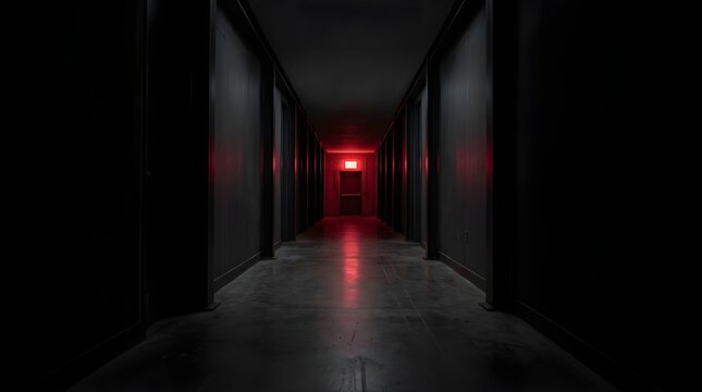 Dark corridor with red light glowing at the end of a long hallway