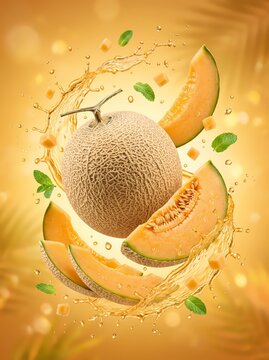 Fresh sweet cantaloupe melon fruit with juice splash and flying slices on golden glowing background for summer beverage concept