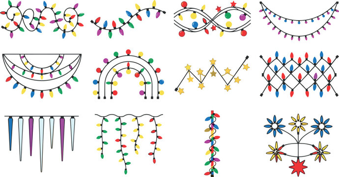 Festive neon string lights collection featuring rainbow icicle lamps glowing star decorations and winter holiday lighting elements