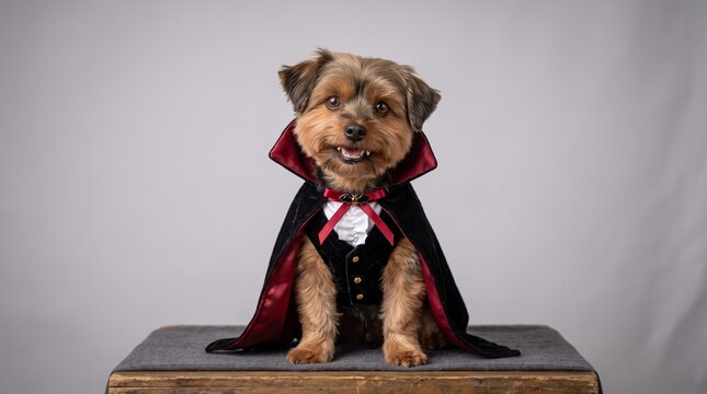 Cute Yorkshire Terrier dressed as a vampire for Halloween