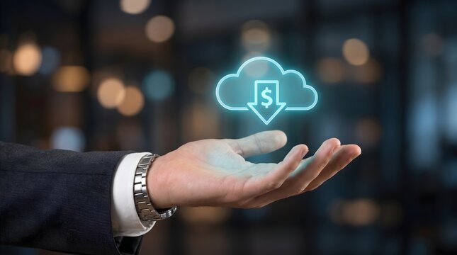 Cloud computing cost savings icon glowing above an open businessman's hand