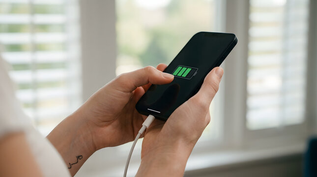 Person holding black smartphone with green charging battery icon on screen by window, mobile
