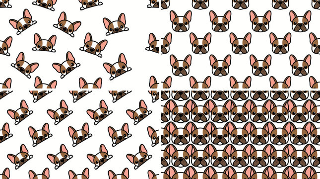 Seamless patterns featuring cute French Bulldog faces and heads.