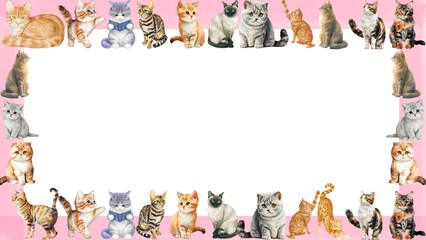 Fototapeta premium Cute watercolor cat and kitten border frame on pink background on transparent background