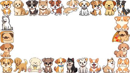 Adorable Cartoon Puppies Border Frame with Copy Space on transparent background