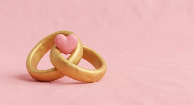 Minimalist 3D claymation style two golden wedding rings intertwined with a pink heart