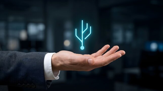 Branching digital network icon glows above an open businessman's hand