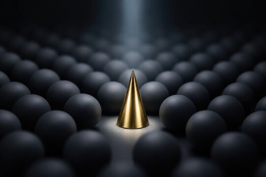Golden cone standing out from a crowd of dark spheres in a spotlight