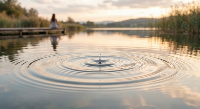 Serene woman meditating by a tranquil lake at sunrise, with water ripples in the foreground