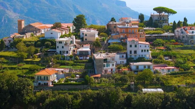 Aerial Drone View of Ravello Hillside Town on Amalfi Coast Italy