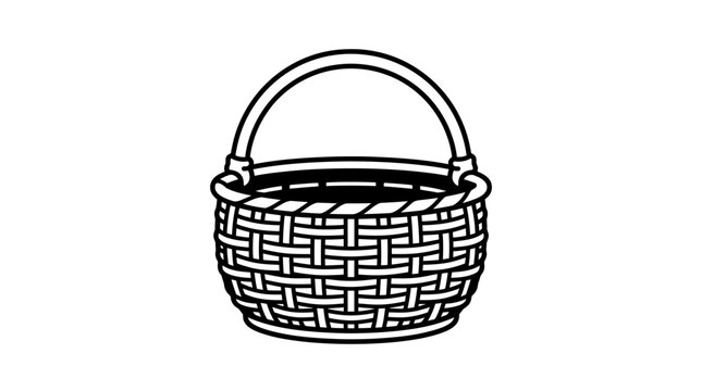 A simple black and white line art illustration of a woven wicker basket with a handle.
