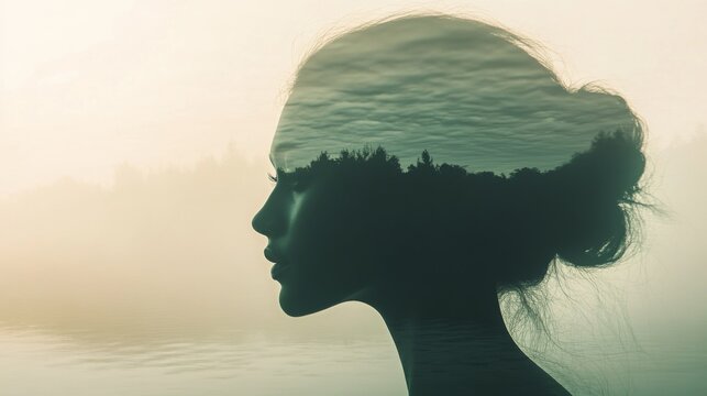 Serene female profile silhouette, overlaid with a tranquil landscape reflecting inner peace