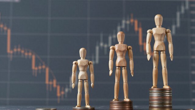 Wooden figures stand on coin stacks, symbolizing economic disparity against a stock chart backdrop.
