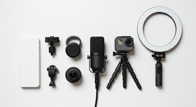Vlogging Kit: Action Camera, Microphone, Ring Light, and Smartphone on White Background