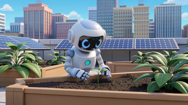 Cute humanoid robot planting a small green sprout in a rooftop garden. Character gardening in urban city setting with solar panel. Animation for nature tech