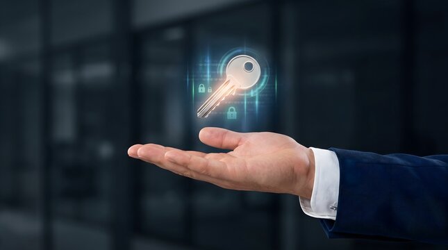 A golden encryption key with lock icons and binary code floats above an open hand