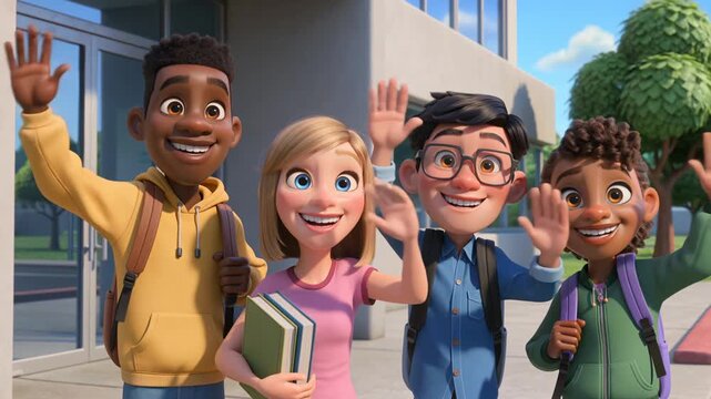 Diverse group of happy students waving hand in front of school entrance. 3D cartoon animation of children with backpacks learning. Educational concept for kids