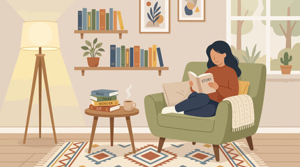 Fototapeta premium Woman Relaxing Reading Book in Cozy Living Room Scene.