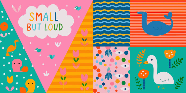 cartoon animals and patterns colorful vector illustration whale dinosaur duck turtle stripes waves dots flowers clouds text small loud fun playful childish design