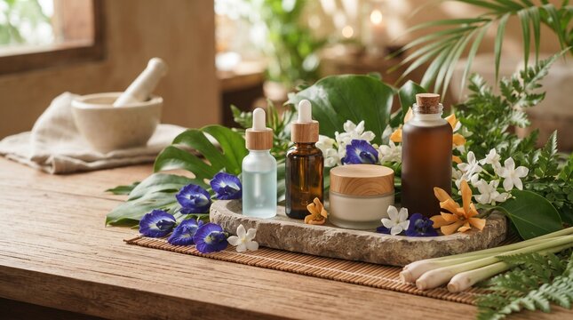 luxury eco beauty products displayed on handmade stone and bamboo surfaces, surrounded by fresh butterfly pea flowers, jasmine, champaca, lemongrass and tropical green leaves, elegant glass cosmetic b
