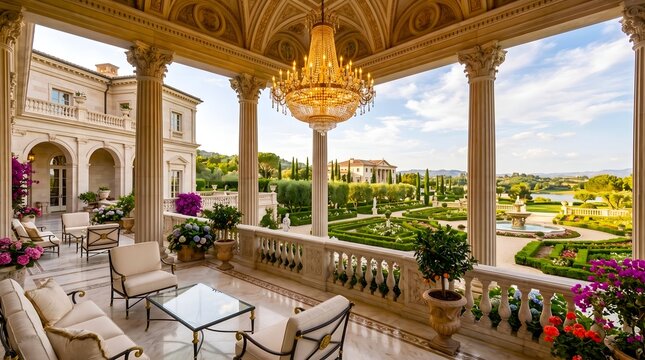 Opulent Terrace Featuring Stone Columns and Ornate Garden Views
