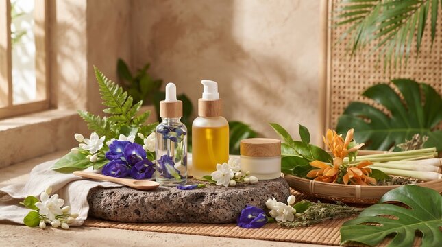 luxury eco beauty products displayed on handmade stone and bamboo surfaces, surrounded by fresh butterfly pea flowers, jasmine, champaca, lemongrass and tropical green leaves, elegant glass cosmetic b