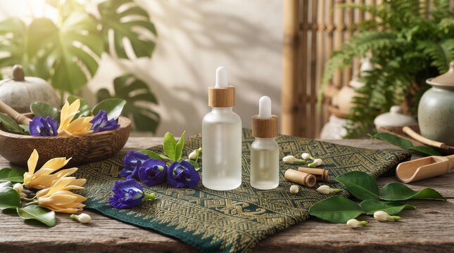 luxury eco wellness product scene combining Lao heritage and modern global beauty aesthetics, natural skincare bottles made of frosted glass placed on traditional woven textile inspired by Lao sinh p