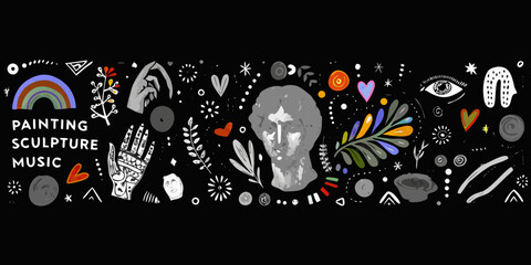 art exhibition banner with colorful symbols on black background painting sculpture music rainbow hand feather heart eye vector illustration graphic design culture creativity © Ripan