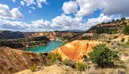 Naklejka premium Vibrant Turquoise Lake Amidst Striking Orange and Brown Desert Canyons Under a Dramatic Sky.
