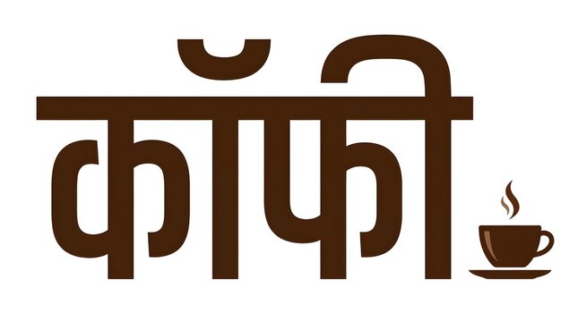 Coffee word in hindi devanagari script with cup saucer icon and steam for beverage menu.