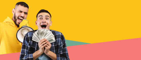 Obraz premium Happy Young Man Holding Stack Of Cash While Laughing With Male Friend In Casual Attire At Studio, Background Yellow. Engaging In Celebration Of Success In Business Concept.