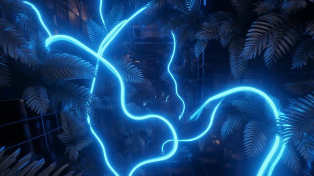 Blue Neon Tropical Ferns 4K Generative AI