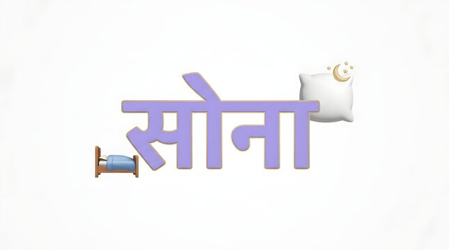 Hindi word sona written in 3d pastel purple font style with pillow and bed interior theme.
