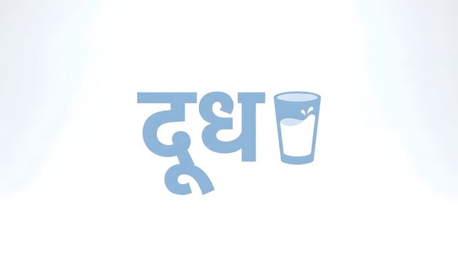 Blue hindi word doodh meaning milk with a glass of fresh milk illustration design element.
