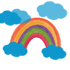 Hand-drawn colorful rainbow with fluffy blue clouds in a cute cartoon style, isolated on a transparent background. Perfect for children's designs, nursery decor, weather themes, stickers, educational 