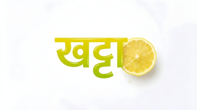Khatta hindi word in green 3d typography with fresh lemon slice on white background design.