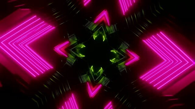 Neon Geometric Tunnel With Glowing Pink And Green Arrows Creating Futuristic Abstract Kaleidoscope Pattern in Dark Space Background
