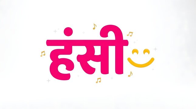 Hindi word hasi meaning laughter depicted with musical notes and a smiling emoji.