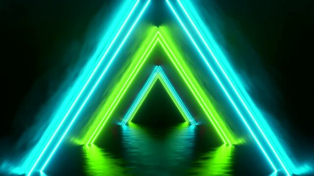 Neon Triangle Tunnel With Glowing Pink Blue And Green Light Lines in Futuristic Abstract 3d Render Background For Digital Space Design