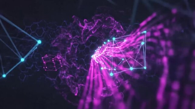 Dynamic Visualization of Digital Network Patterns with Vibrant Neon Colors and Connecting Lines
