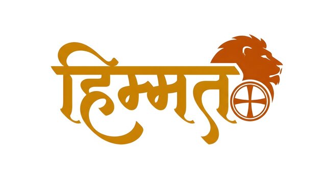 Indian script himmat text with lion head and wheel symbol.