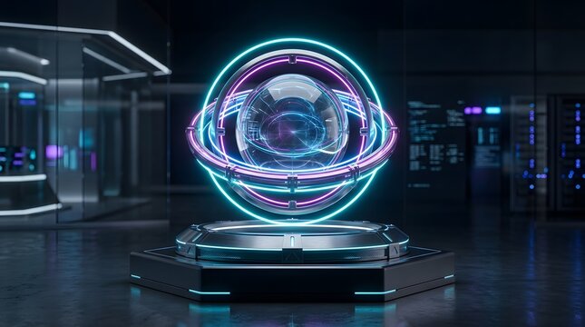 Futuristic glowing digital sphere hologram interface floating in a high tech laboratory environment with data displays