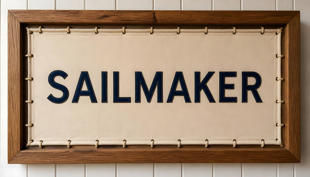 Canvas sailmaker sign with blue stitched lettering inside a classic wooden frame
