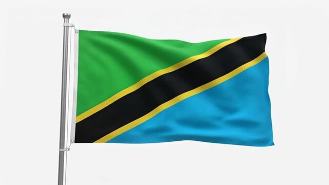 Tanzania Flag Waving Proudly on a Flagpole Against a White Background.